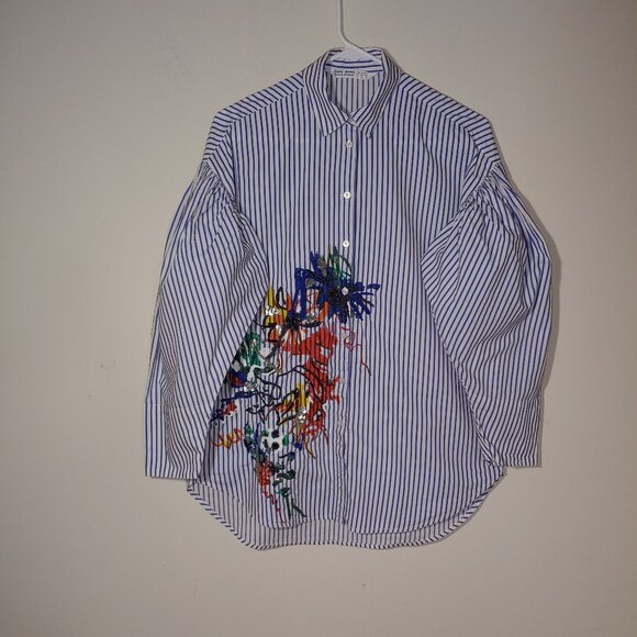 Zara Denim 3/4 Balloon Sleeves Blue White Stripes Embroidered Blouse Size XS - Picture 1 of 5